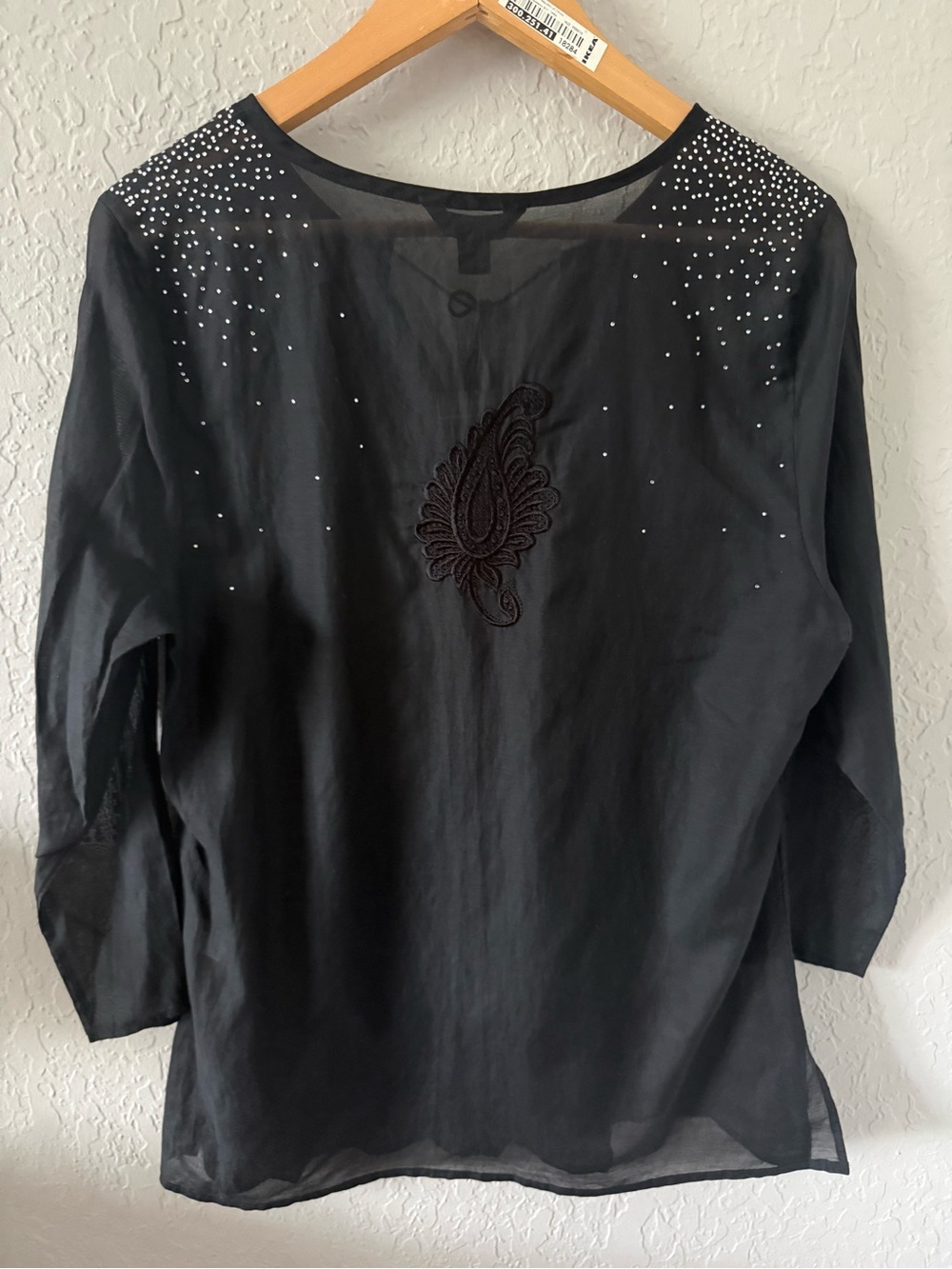 Express Black V-Neck Tunic with Silver Shoulder Rhinestones Sheer - Picture 2 of 5